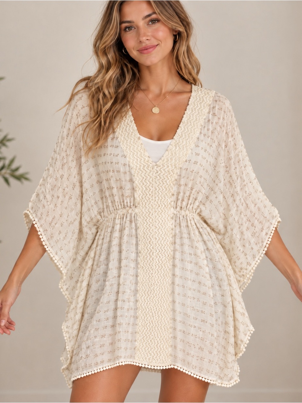 Angie boho crinkle gauze dolman kimono tunic cover up dress coastal